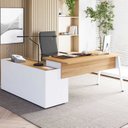Ver imagem 1 de Mesa L Diretor Escritório com Armário Lateral 3 Gavetas 200cm Industrial Tampo Cavado e Pés Metal Ex