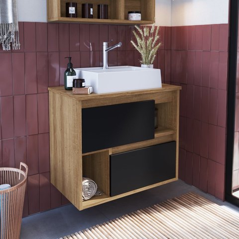 Gabinete para Banheiro Suspenso 60cm com 2 Gavetas LVP03 Versato Bege/Mel/Preto