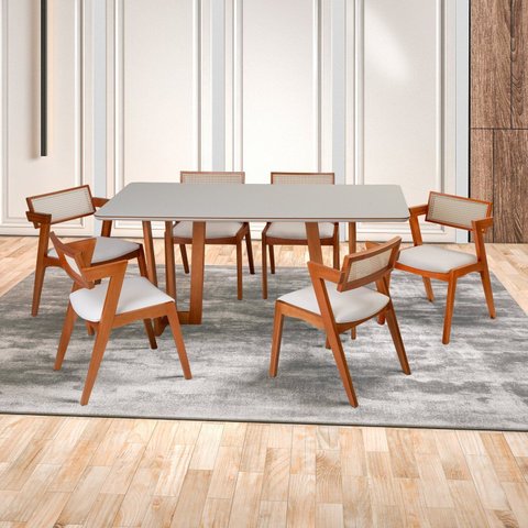 Conjunto Mesa Grécia com 6 Cadeiras Madeira Maciça, Rattan 100% Natural e Estofada Verona 