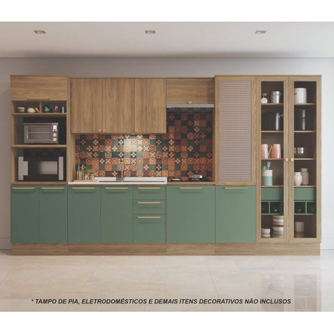 Armário de Cozinha Modulada Completa Reta 8 Peças 3,80m Botanic Kappesberg - Nogueira/verde Oliva