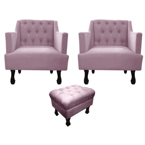 Kit 2 Poltronas Decorativa Julia + Puff Luis Xv Suede Rosê Pés Madeira Mz Decor