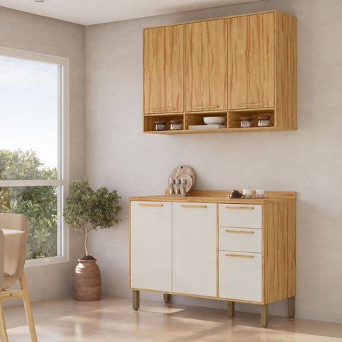Cozinha Modulada Compacta 2 Peças 6 Portas MDF 120cm Malta Espresso Móveis Bege/Amêndoa/Off-White