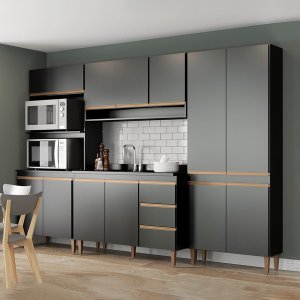 Armário de Cozinha Modulada Torre Quente Sabrina 280x200cm 4 Peças Mdp Preto Menu Móveis
