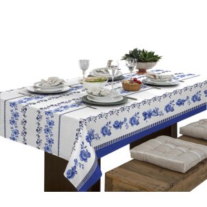 Toalha de Mesa Linhão 4 Lugares Retangular Floral Azul