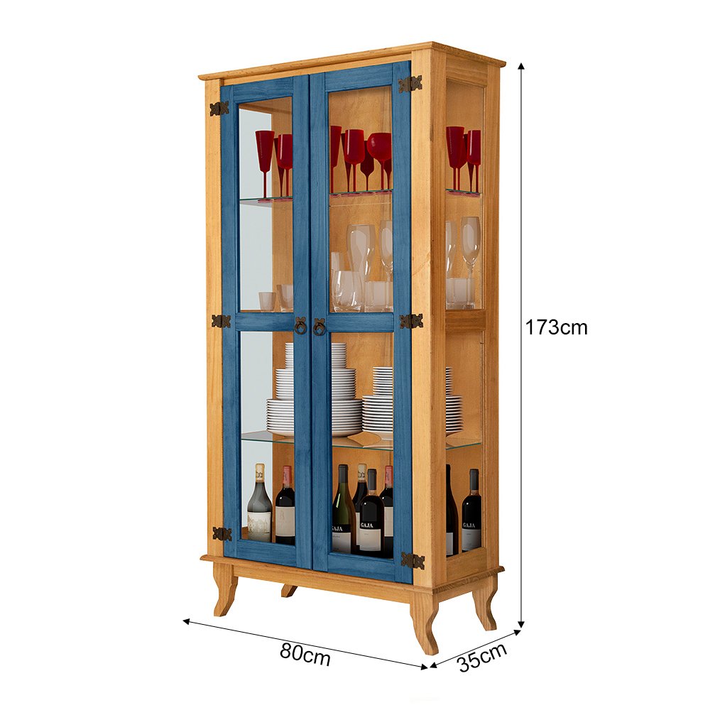 Cristaleira Madeira Maciça Alta Vintage Bella Luna Azul/imbuia - 4