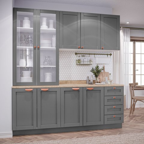 Cozinha Modulada Compacta 4 Peças com Armário Aéreo 2 Portas Vidro Arizona CabeCasa MadeiraOriginals Cinza