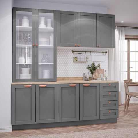 Cozinha Modulada Compacta 4 Peças com Armário Aéreo 2 Portas Vidro Arizona CabeCasa MadeiraOriginals