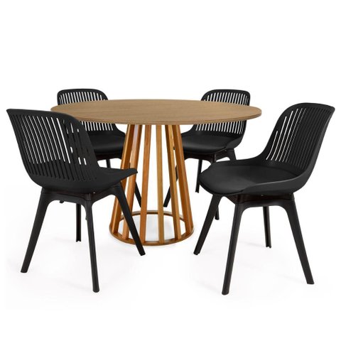 Conjunto Mesa de Jantar Redonda Talia Amadeirada Natural 120cm com 4 Cadeiras Design Marcela - Preto