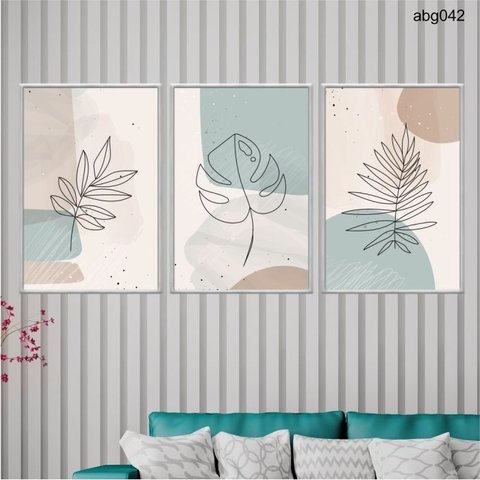 Kit 03 Quadros Decorativos - Arte Abstrata Minimalista Folhas e Ramos Abg042 - Vidro 60x80cm