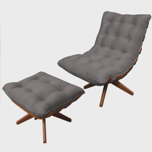 Kit Poltrona com Puff Costela Base em Madeira Giratória - Cinza