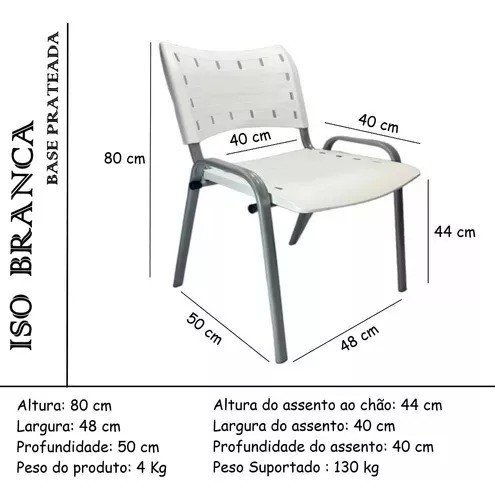 Kit Com 4 Cadeiras Iso Para Escola Escritório Comércio Branca Base Prata - 3