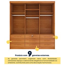 Guarda Roupa Casal com Espelho 3 Portas de Correr 9 Gavetas 199cm Chicago   - 8