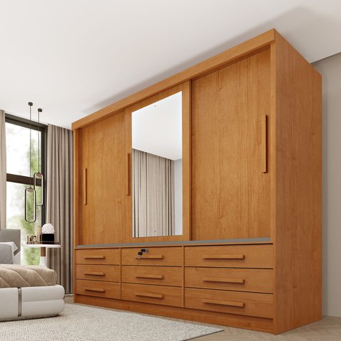 Guarda Roupa Casal com Espelho 3 Portas de Correr 9 Gavetas 199cm Chicago Bege/Cinamomo