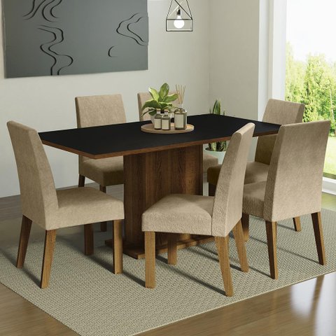 Conjunto Sala de Jantar Mesa Tampo de Madeira 6 Cadeiras Rustic/preto/imperial Renata Madesa