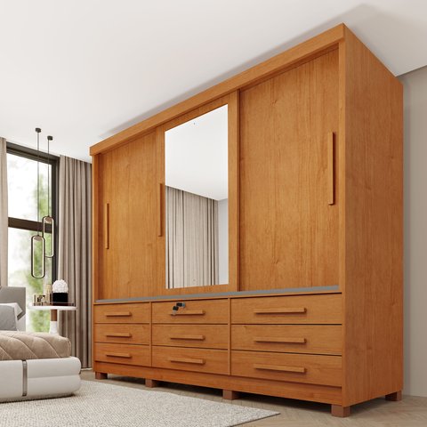 Guarda Roupa Casal com Espelho e pés 3 Portas 9 Gavetas 199cm Chicago  