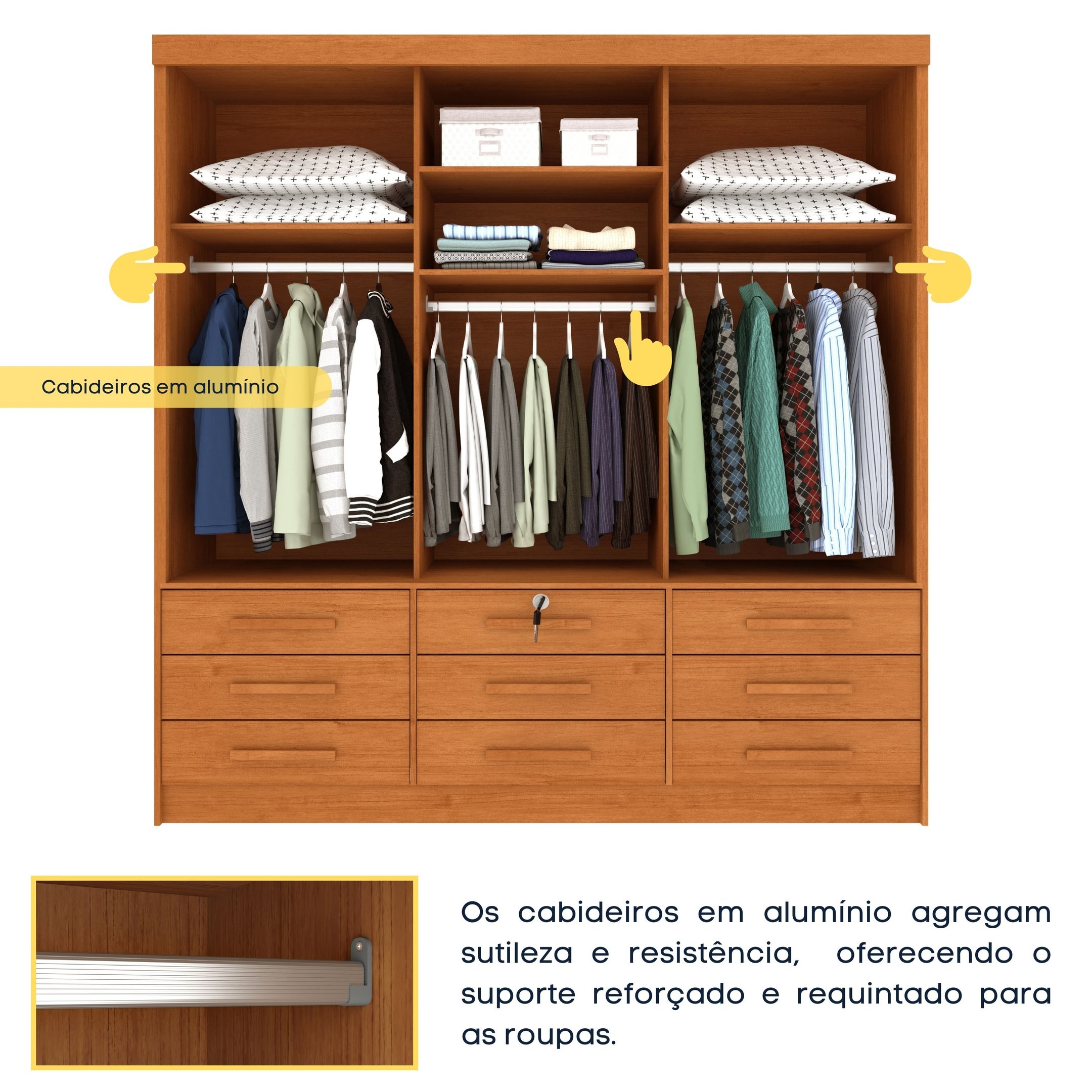 Guarda Roupa Casal com Espelho e pés 3 Portas 9 Gavetas 199cm Chicago   - 6