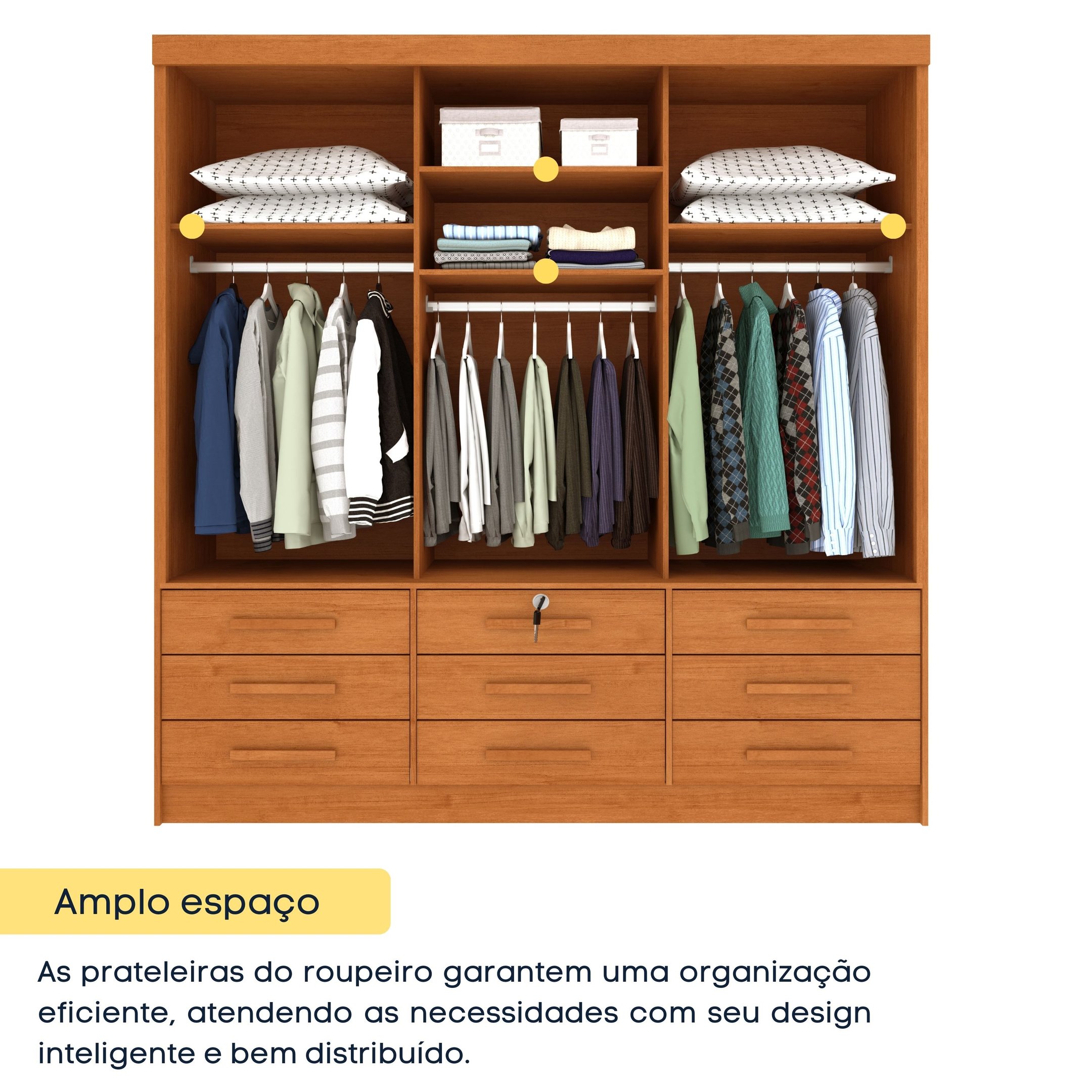 Guarda Roupa Casal com Espelho e pés 3 Portas 9 Gavetas 199cm Chicago   - 5