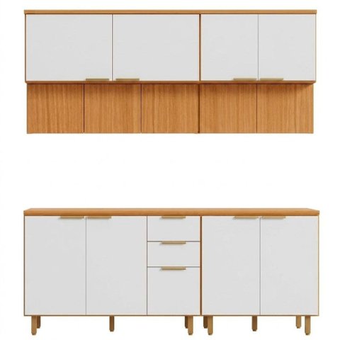 Cozinha Armário 5 Peças 200 cm Balcão com Tampo MDF Bari Freijo Off Acetinado Poliman