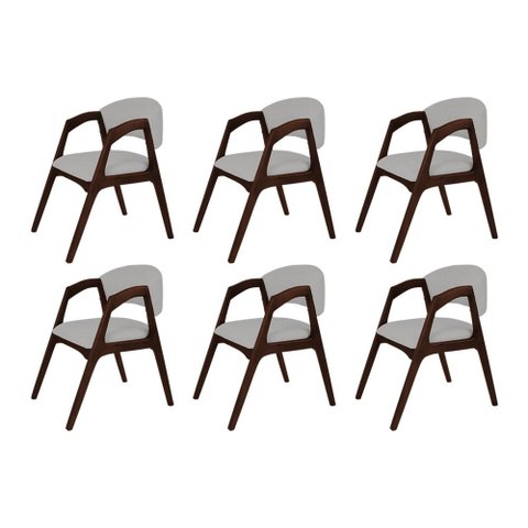 Conjunto com 6 Cadeiras de Jantar Estofada Gabriela em Madeira e Mdf Castanho Linho Cinza Prata