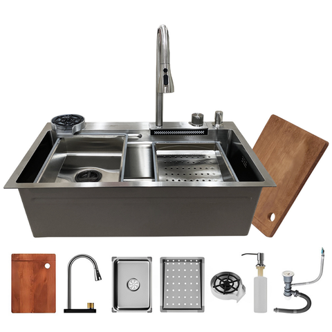 Cuba Cozinha Gourmet Inox 304 Escovada Torneira Extensível Cascata Dispenser Tábua Escorredor Cesto