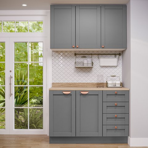 Cozinha Modulada 2 Peças com Balcão e Armário Aéreo Arizona CabeCasa MadeiraOriginals Cinza/Branco
