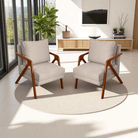 Kit 2 Poltronas Decorativa para Sala Recepção Escritório Consultório Shine Madeira Maciça Suede