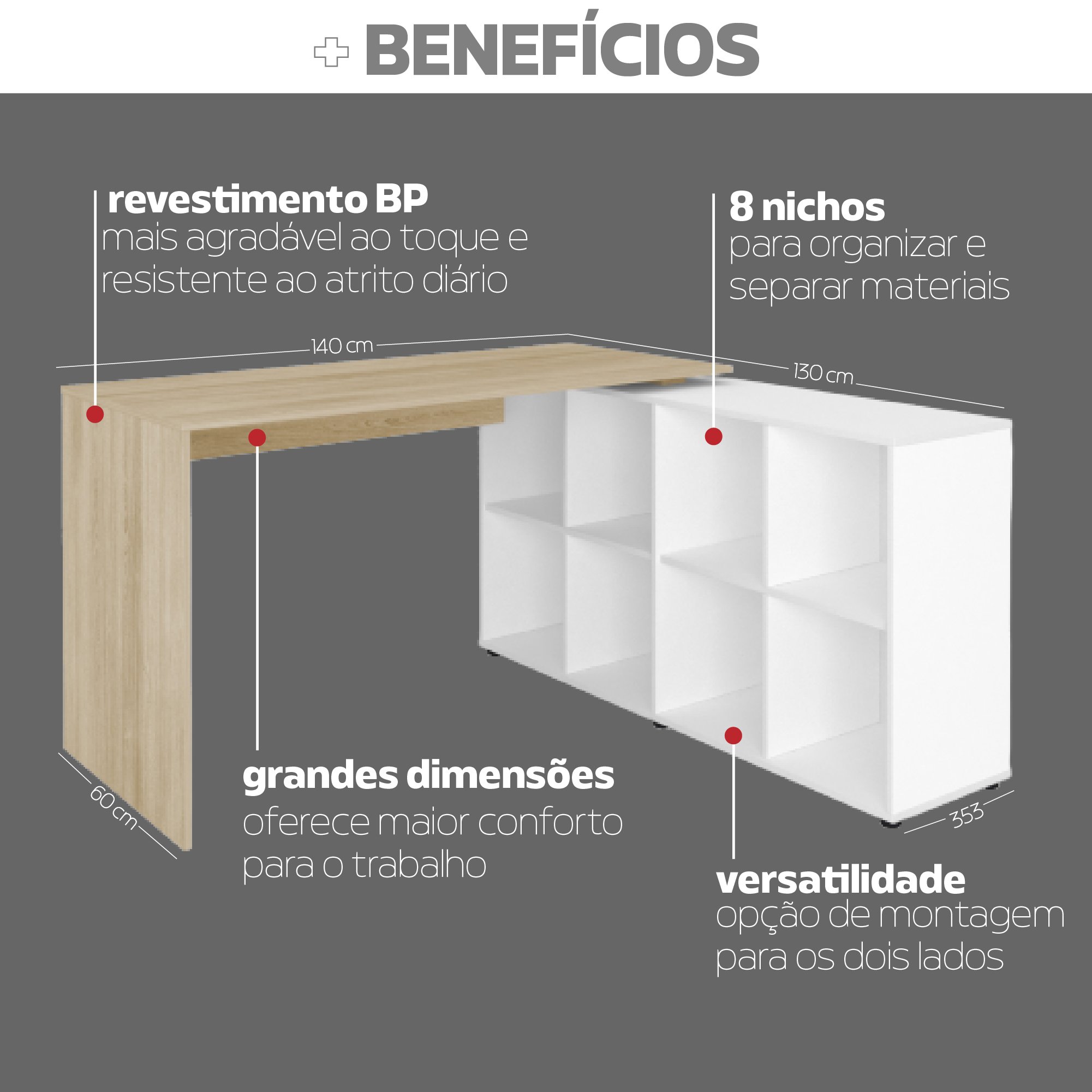 Escrivaninha Ergonômica e Atemporal em L com 8 Nichos para Armazenamento Nero Artany - 6