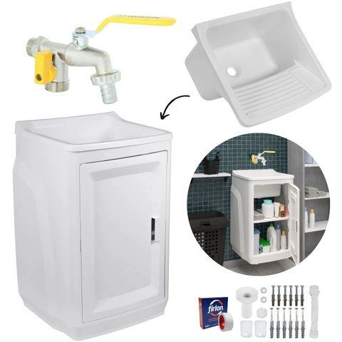 Gabinete para Lavanderia com Tanque Branco 01 Porta + Torneira com Duas Saídas Metal + Fita Veda Ros