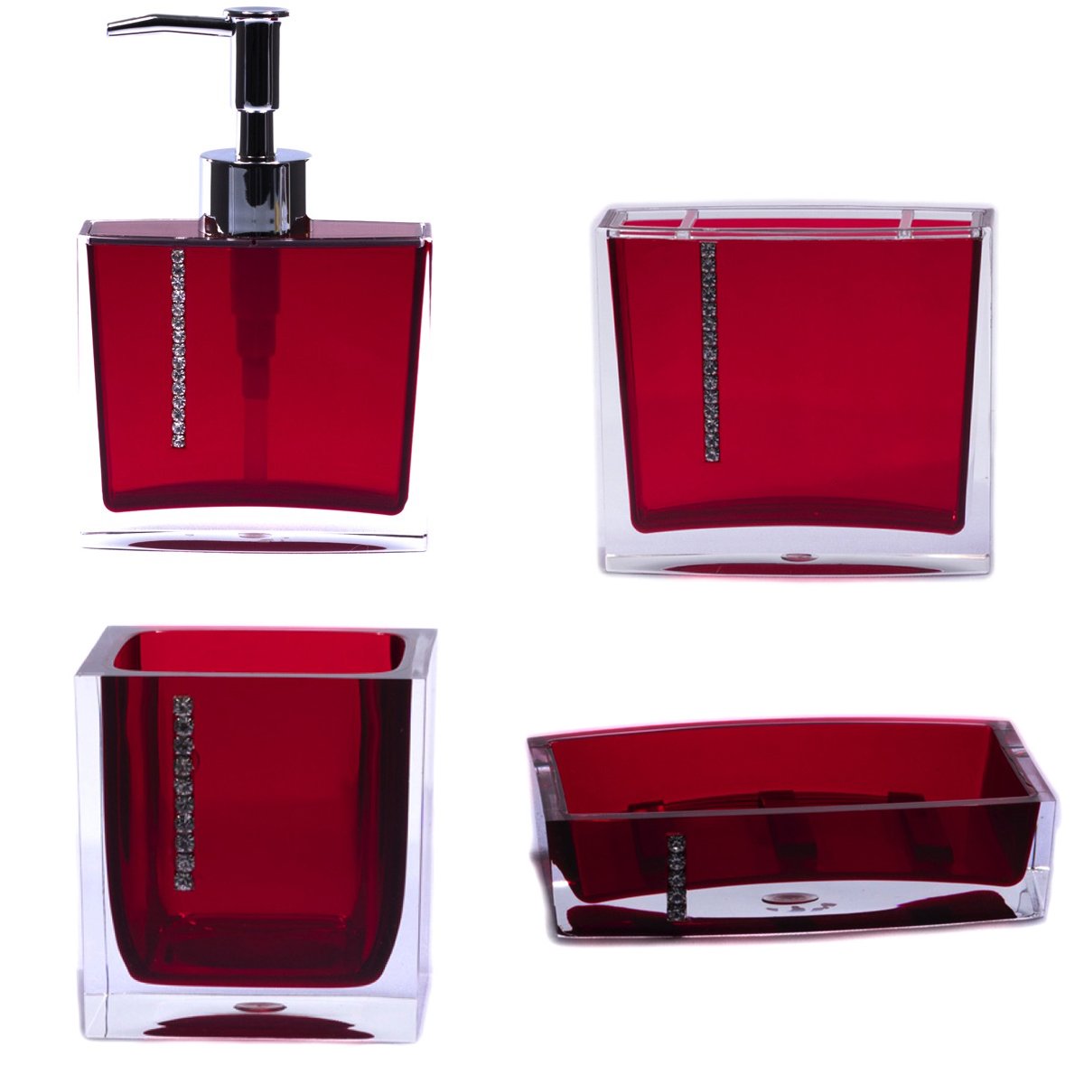 Kit Banheiro Acrílico 4 Peças Lavabo Porta Sabonete Vermelho