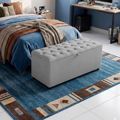 Recamier Baú Berlim Veludo Cinza Solteiro 80cm Estofado Pés PVC Preto
