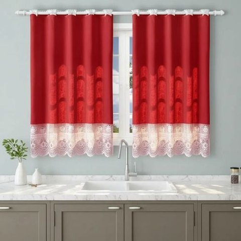 Cortina Valência 2,60x1,50 Tecido/Renda Cozinha - Vermelho