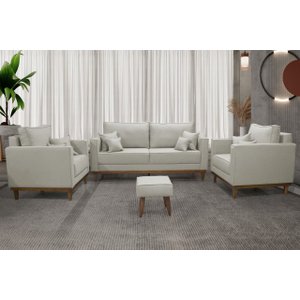Kit Sofá 3 Lugares E 2 Poltronas Beny - Linho Bege