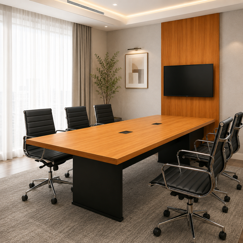 Conjunto Escritório Mesa de Reunião 2,50m e Painel para TV F5 Office Cor:Freijó com Preto