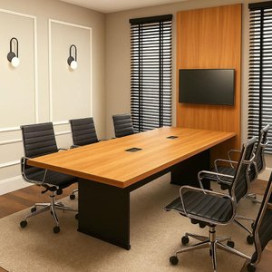 Conjunto Escritório Mesa de Reunião 2,50m e Painel para Tv F5 Office Cor:freijó com Preto