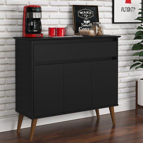 Aparador 1 Gaveta E 3 Portas Pés Madeira Maciça Preto Preto