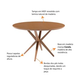Mesa de Jantar Redonda Madeira Maciça 1,30m 6 Lugares Eva - 8