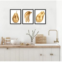 Kit 3 Quadros Cozinha Frutas Douradas 24x18cm:moldura Branca - 2