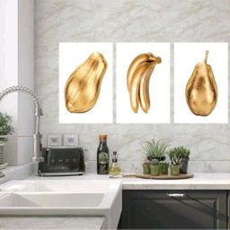 Kit 3 Quadros Cozinha Frutas Douradas 24x18cm:moldura Branca - 1