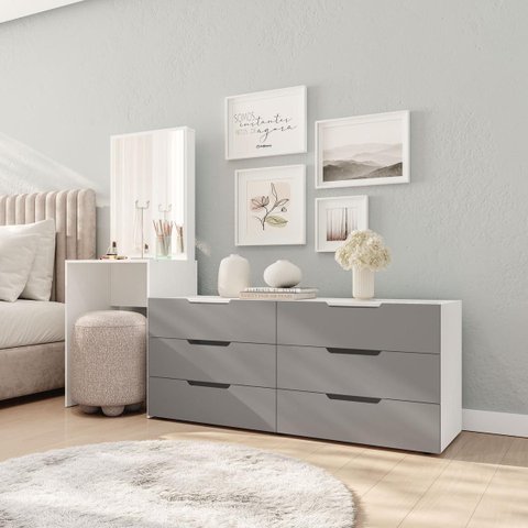 Cômoda Penteadeira Madri 6 Gavetas c/ Espelho 209x160cm Cinza/Branco 250805