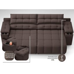 Sofá com Porta Copos Carregador USB Ret Rec Samurai 2,30m Velosuede Chocolate - NETSOFAS - 2