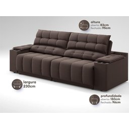 Sofá com Porta Copos Carregador USB Ret Rec Samurai 2,30m Velosuede Chocolate - NETSOFAS - 3