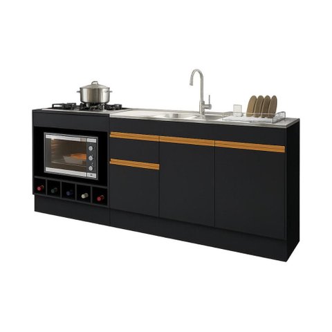 Kit Balcão de Cozinha para Pia e Cooktop/Forno com Rodapé 190cm Veneza Multimóveis MP2328 Preto/