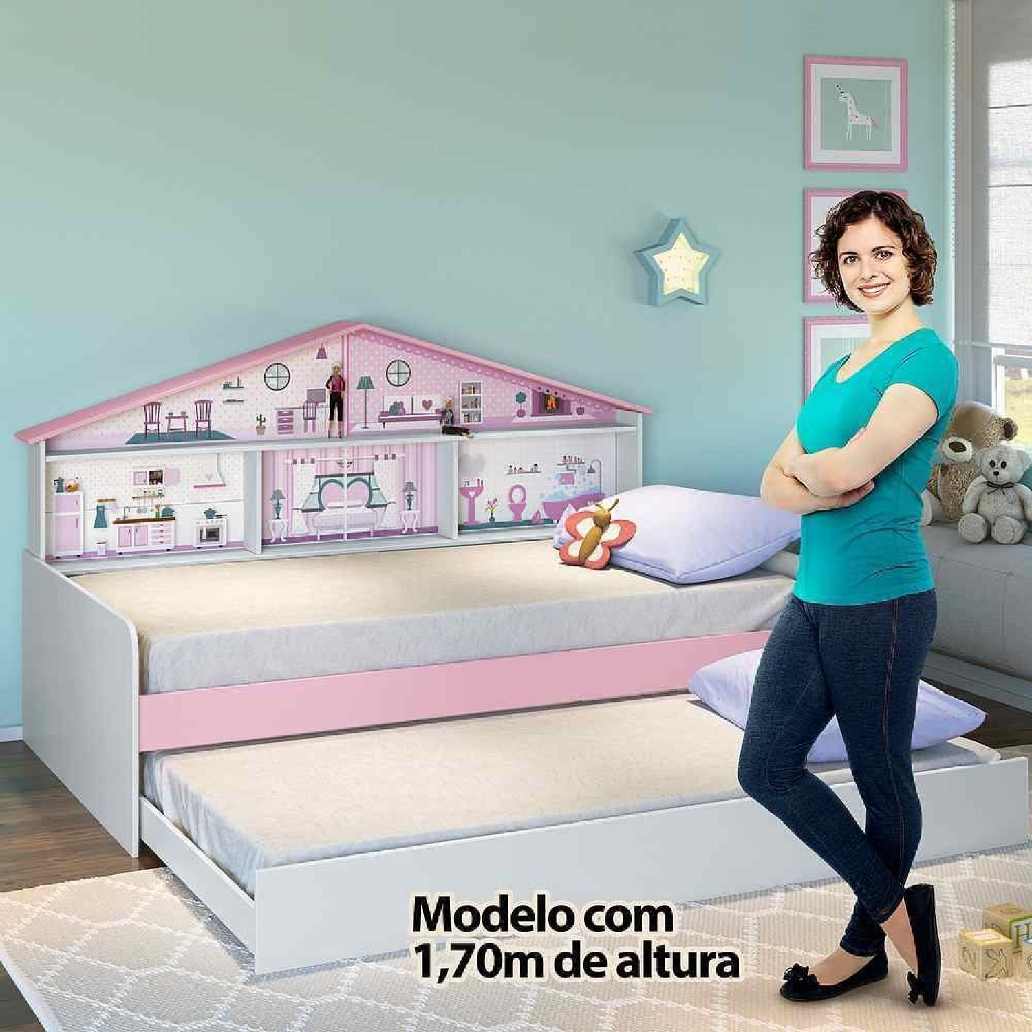 Cama Infantil Casa de Boneca com Cama Auxiliar e Luz/LED Pura