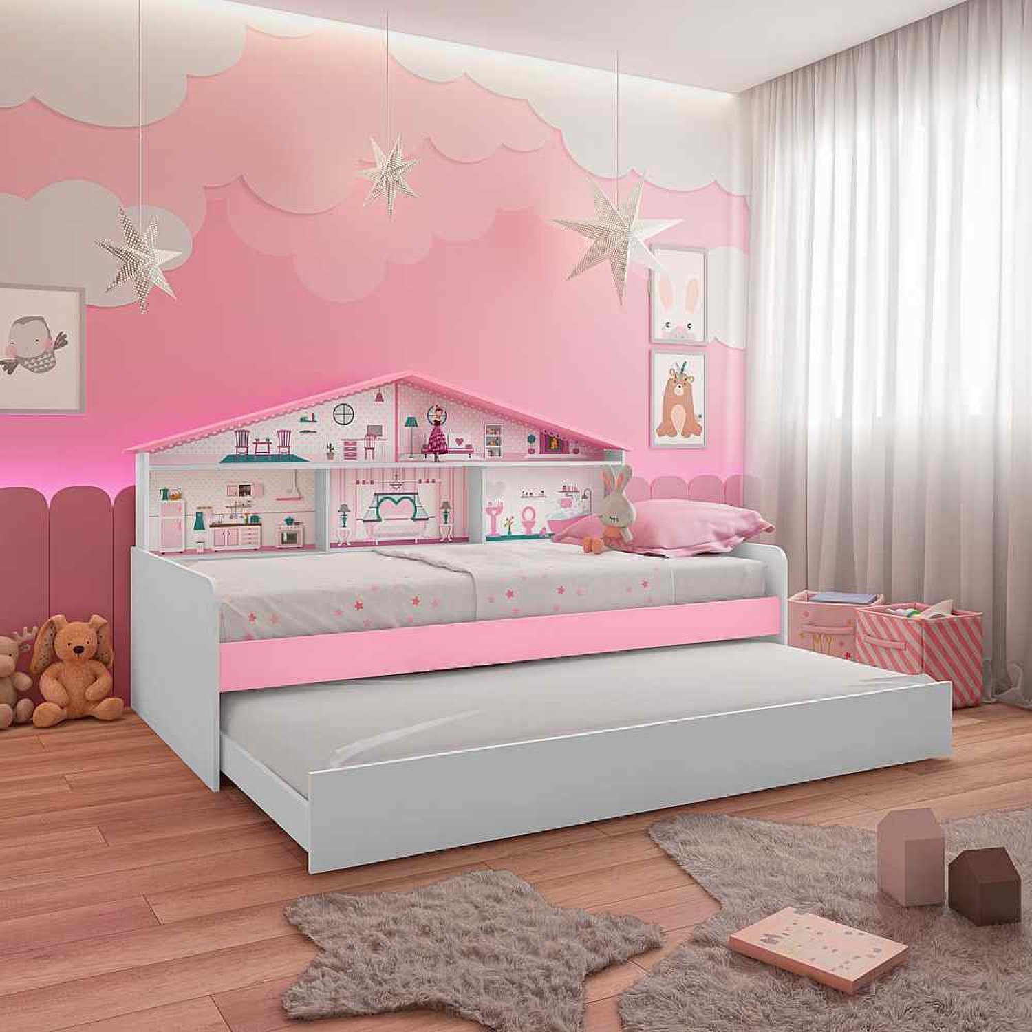 Cama Infantil Casa de Boneca com Cama Auxiliar e Luz/LED Pura