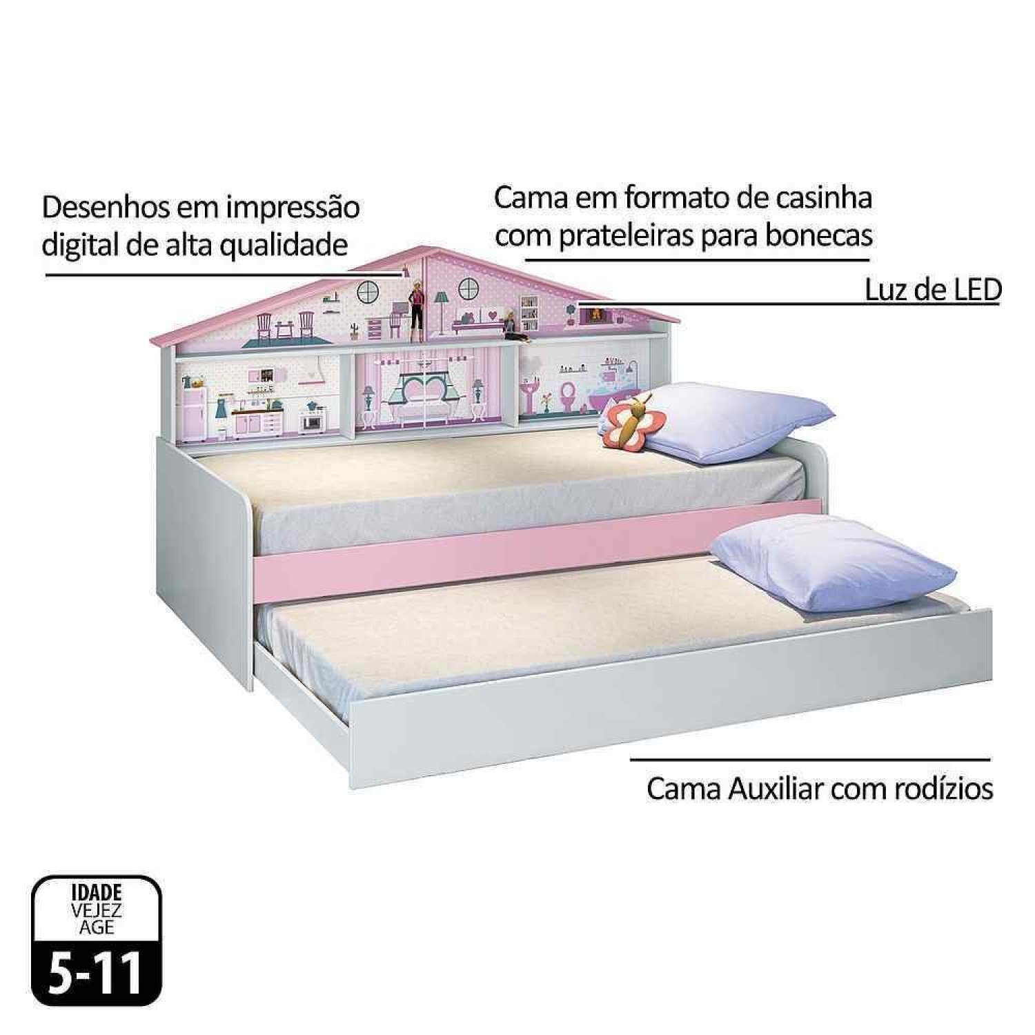 Cama Infantil Casa de Boneca com Cama Auxiliar e Luz/LED Pura