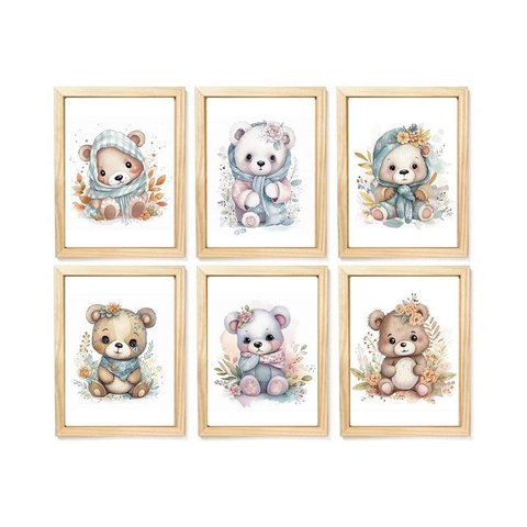Kit Quadro Ursa Flores Decorativo Quarto Criança Enxoval Bebê Menina