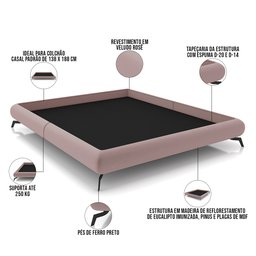 Cama Casal Base Box Pés de Ferro Estilo Industrial 156cm Otto P05 Veludo Rosê - Lyam Decor - 4