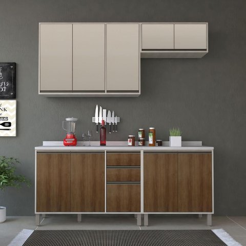 Armário de Cozinha Compacta 4 Peças 200cm Linea com Balcões Cor:mocca Laca com Avelã