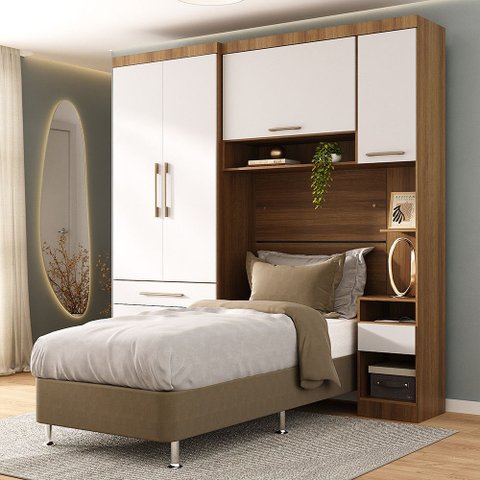 Quarto Modulado Solteiro com Guarda-roupas Maleiro e Cabeceira Paris Master Luciane Móveis