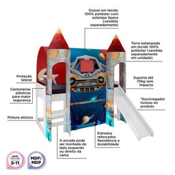 Cama Joy Espaço com Escorregador e Dossel 2 Torres e Luz de Led - 5 Cama Joy Espaço com Escorregador e Dossel 2 Torres e Luz de Led - 5